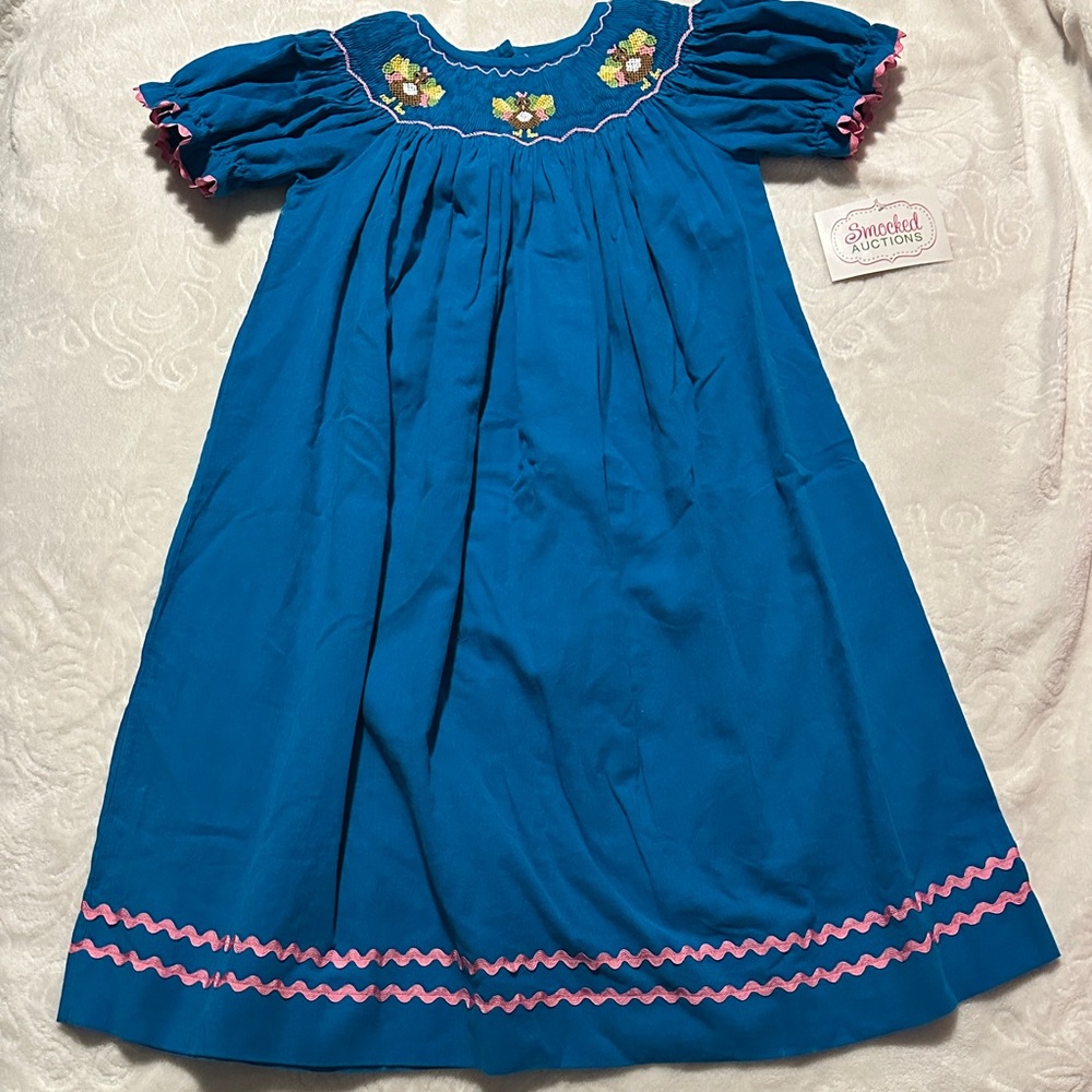Smocked Auctions Teal Smocked Turkey Corduroy Dress with Pink Details Sz 6 NWT